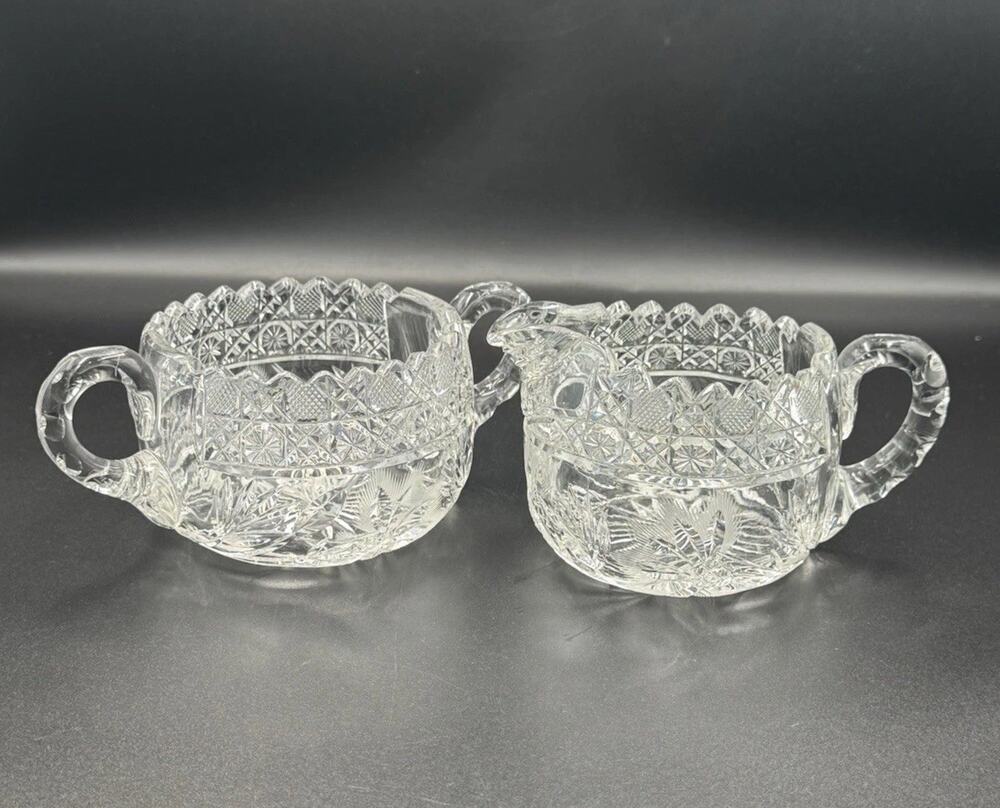 Antique American Brilliant Period Cut Glass Creamer & Open Sugar Bowl ABP
